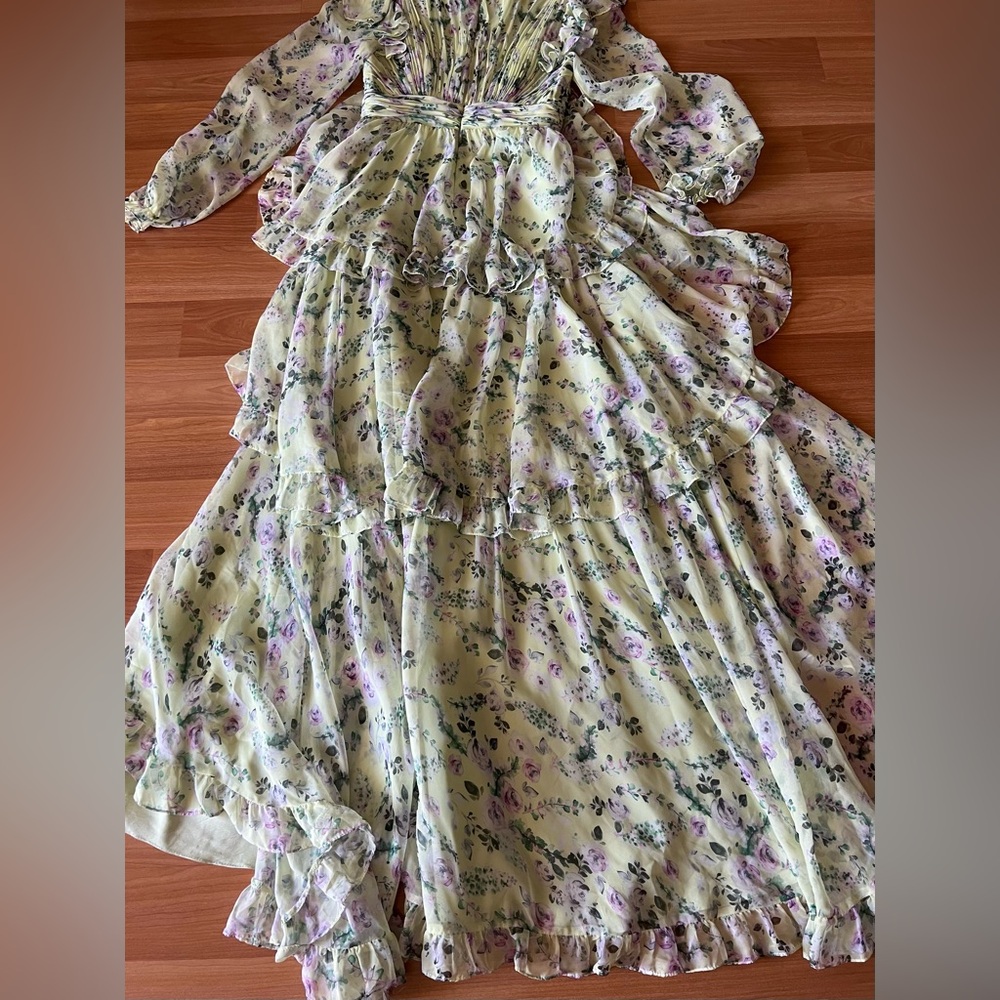Mac Duggal Tiered A Line Long Sleeve Chiffon Gown Green Floral Maxi Sz 4 - Picture 12 of 15